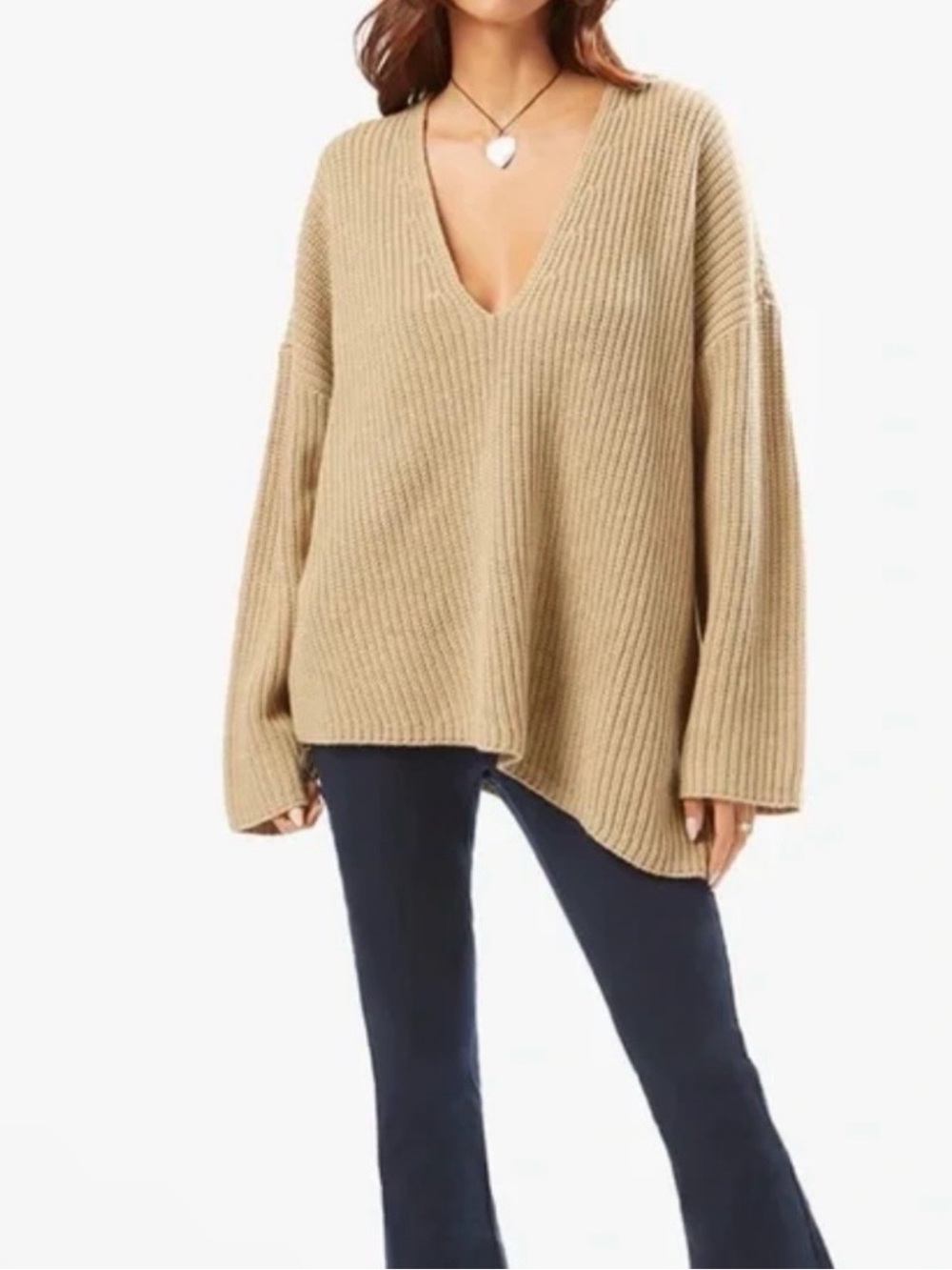 NWT WeWoreWhat Oversized V Neck Chunky Sweater XS/S Oat Asymmetrical Hem